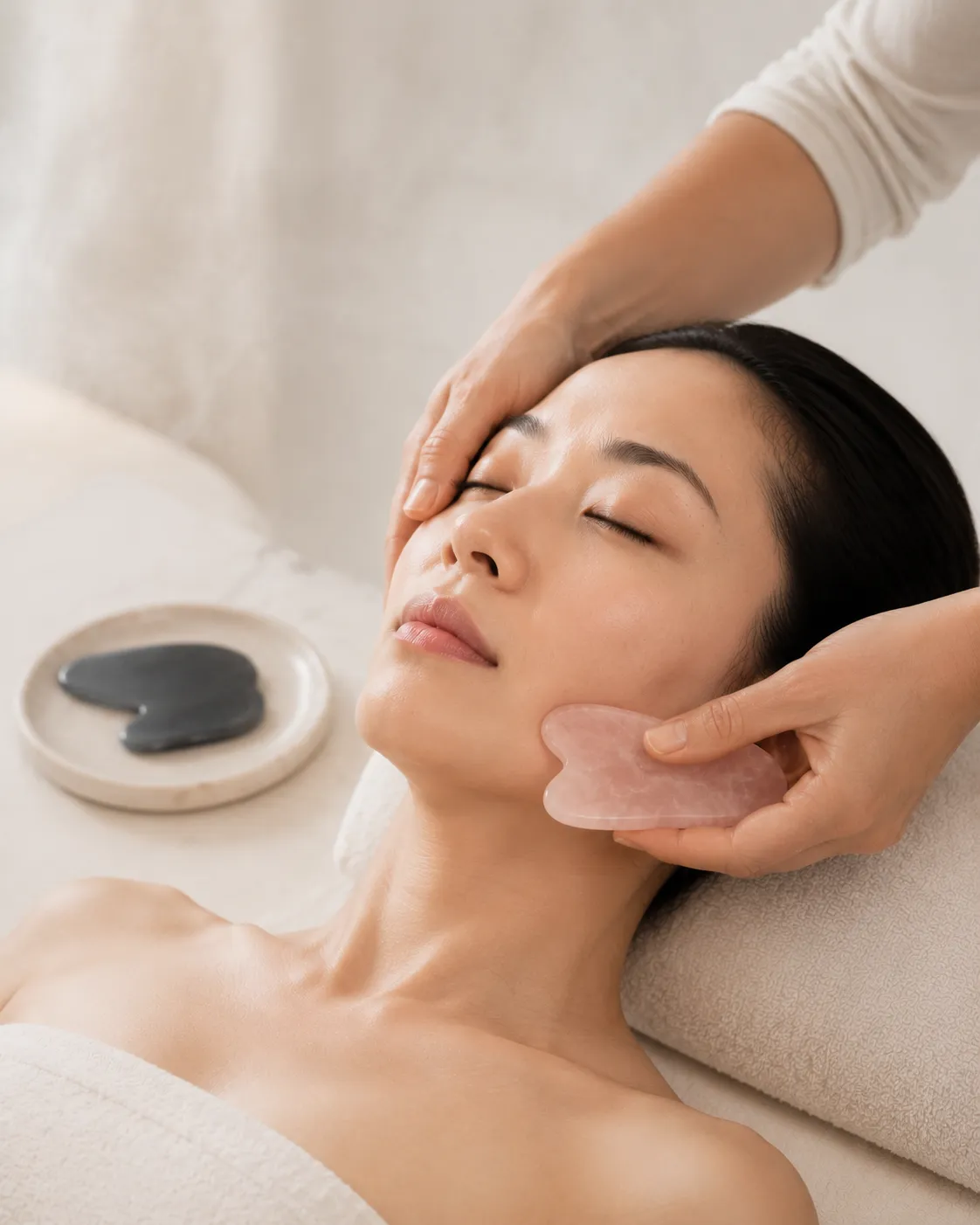 Rose quartz Gua Sha facial sculpting at Shrii Aesthetics in Aurora Colorado